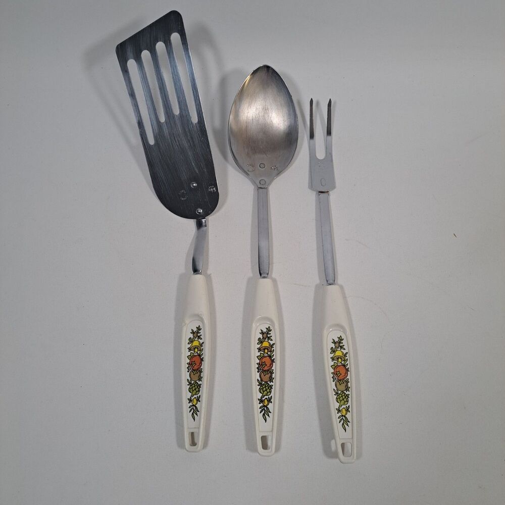 EKCO VTG 3 pc lot Spice of Life Slotted Spatula Metal Spoon Meat Fork Utensil
